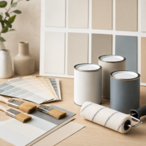 Nuancier de couleurs, pots de peinture et rouleau sur une table pour choisir une peinture intérieure adaptée à son projet de rénovation.