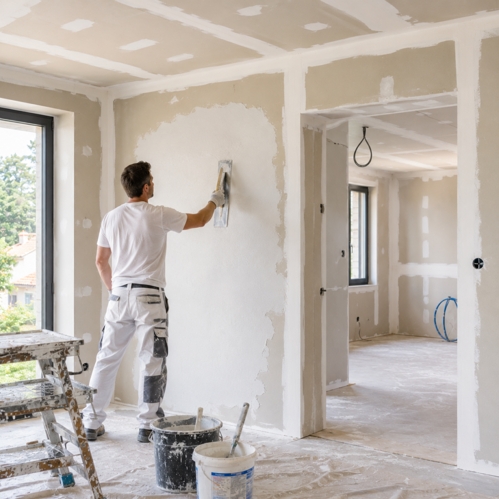 Artisan réalisant des travaux de plâtrerie et d’enduits sur un chantier à Craponne