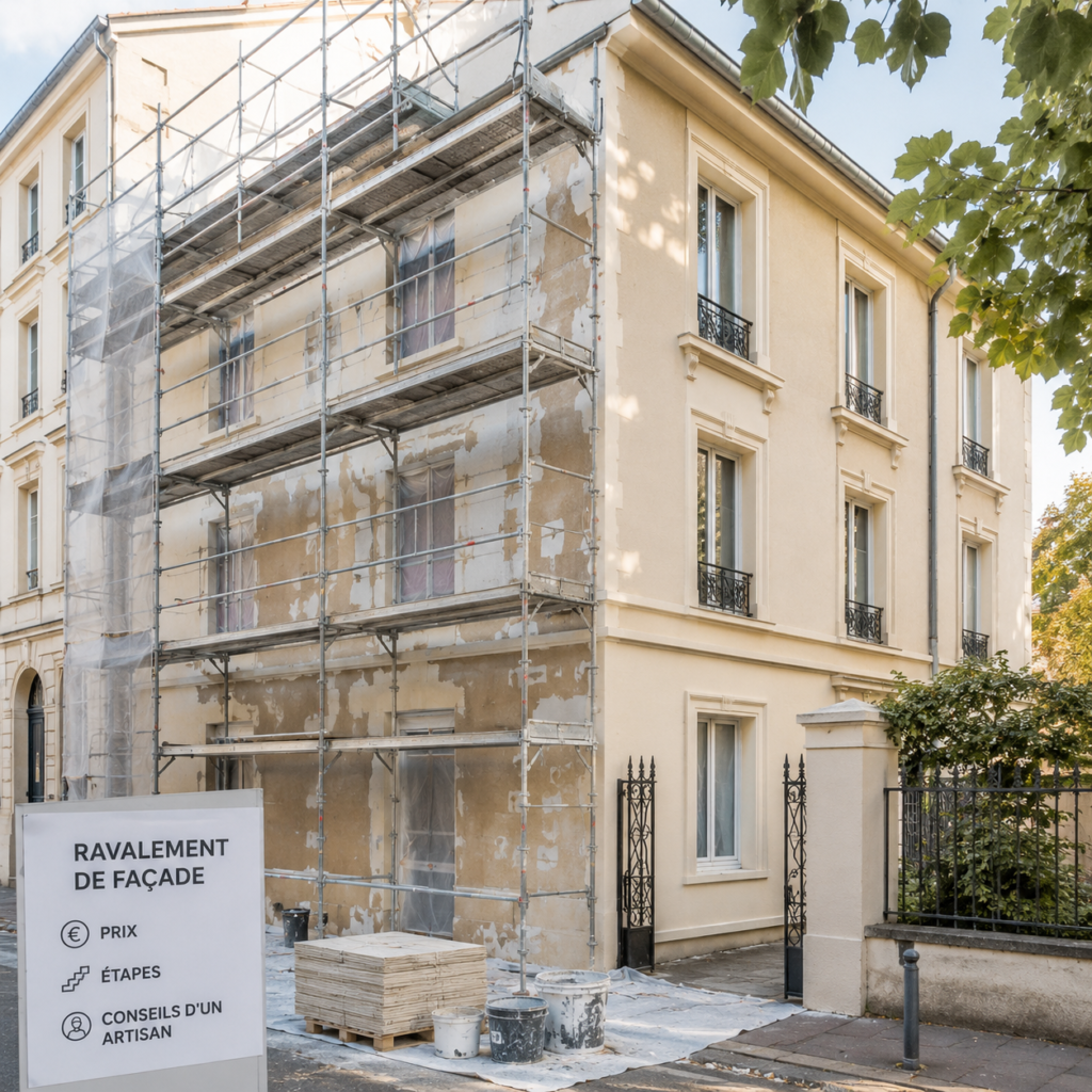 Immeuble en cours de ravalement de façade à Lyon avec échafaudage et travaux de rénovation extérieure.