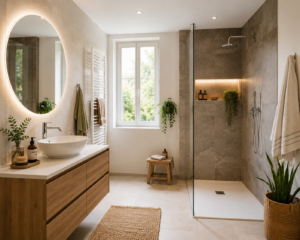 Salle de bain moderne rénovée avec douche à l’italienne, meuble vasque en bois et finitions contemporaines.