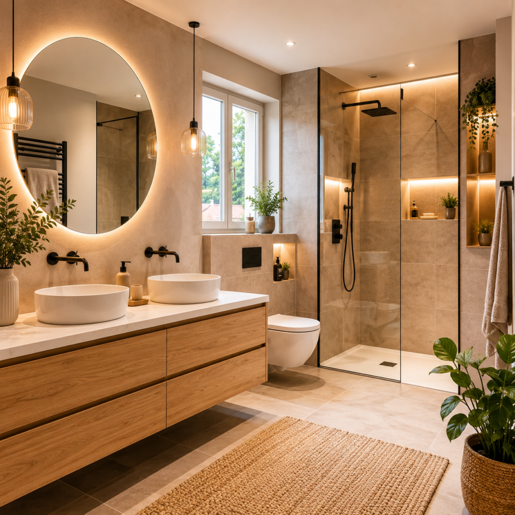 Salle de bain moderne rénovée avec douche à l’italienne à Tassin-la-Demi-Lune